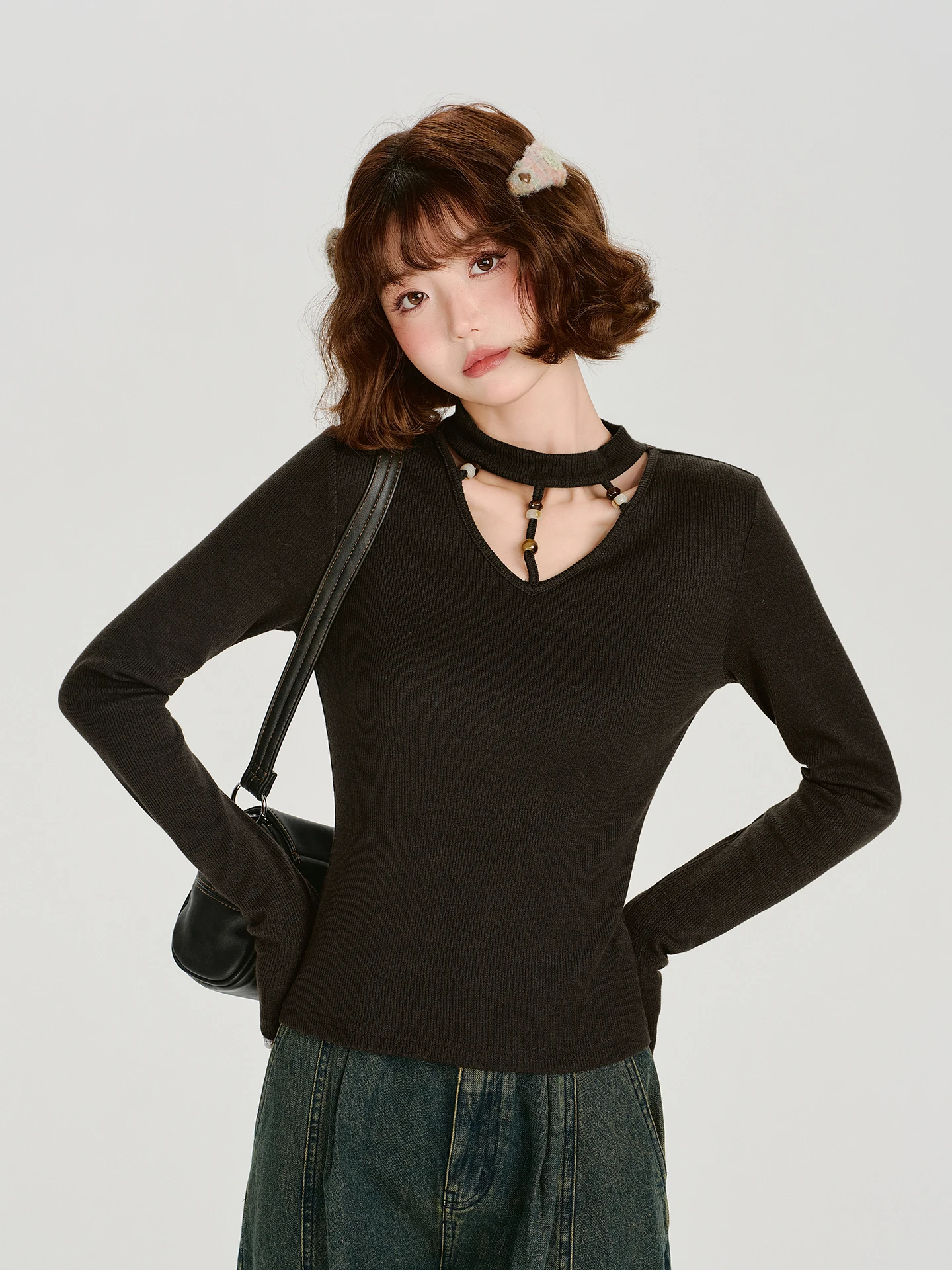 

Girly American Retro Hot Girl Ne Hanging Design Long Sve T-irt Women's Slimming Top Casual Sle V-ne Regular Le...