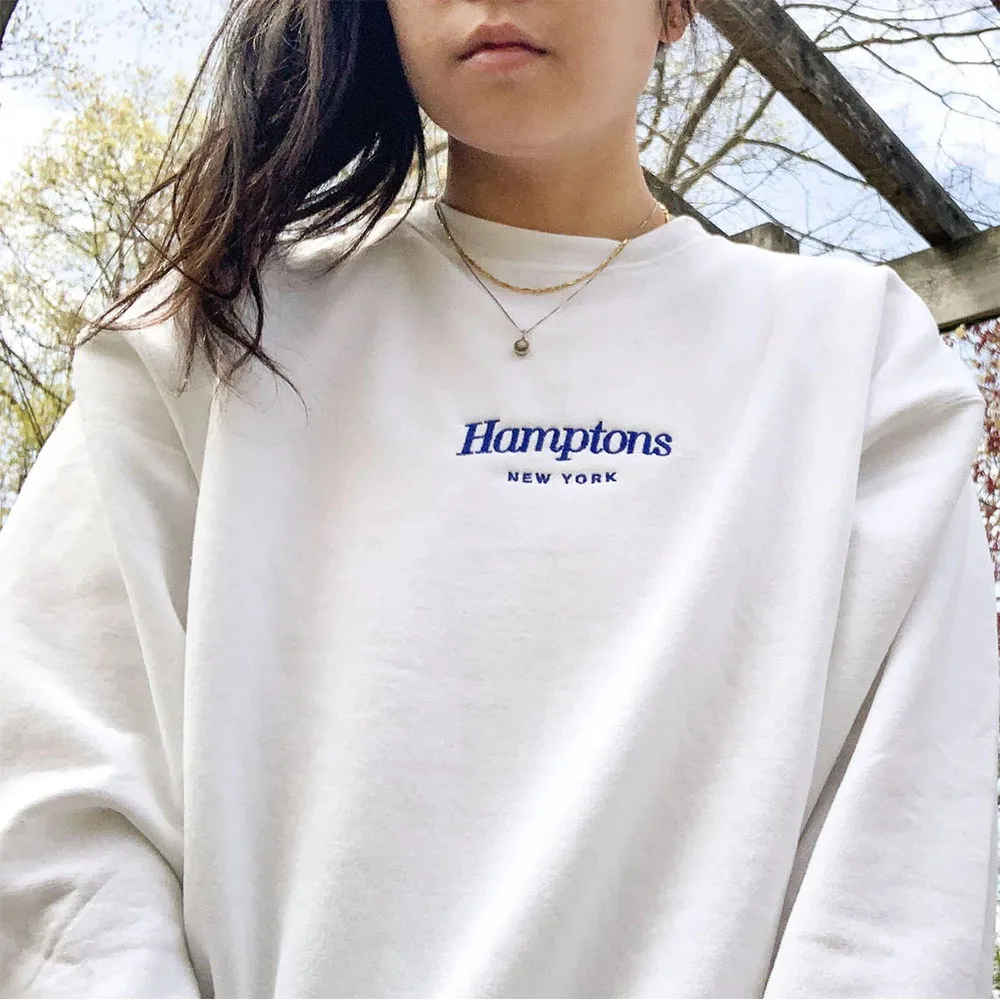 Hamptons New York Letters Embroidered Vintage White Sweatshirts Women Long Sleeve Cotton Autumn Tops Ins Fashion Casual Jumper