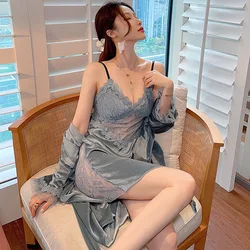 Sexy Velvet Pajamas for Women - Winter & Autumn Long Sleeve Robe and Lace Strap Nightgown - Comfortable Two-Piece Sleepwear