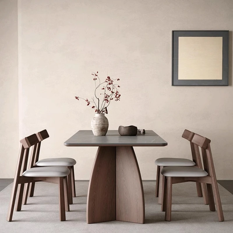 Massivholz-Esstisch aus Felsplatte, moderner, einfacher Esstisch aus Walnussholz, italienischer, minimalistischer, grauer, rechteckiger Steinmöbel für den Haushalt