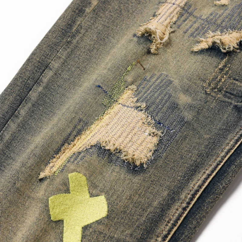Ripped Jeans Men's American High Street Retro Washed Distressed Trousers 2024 New Pu Shuai Special Color Denim Pants