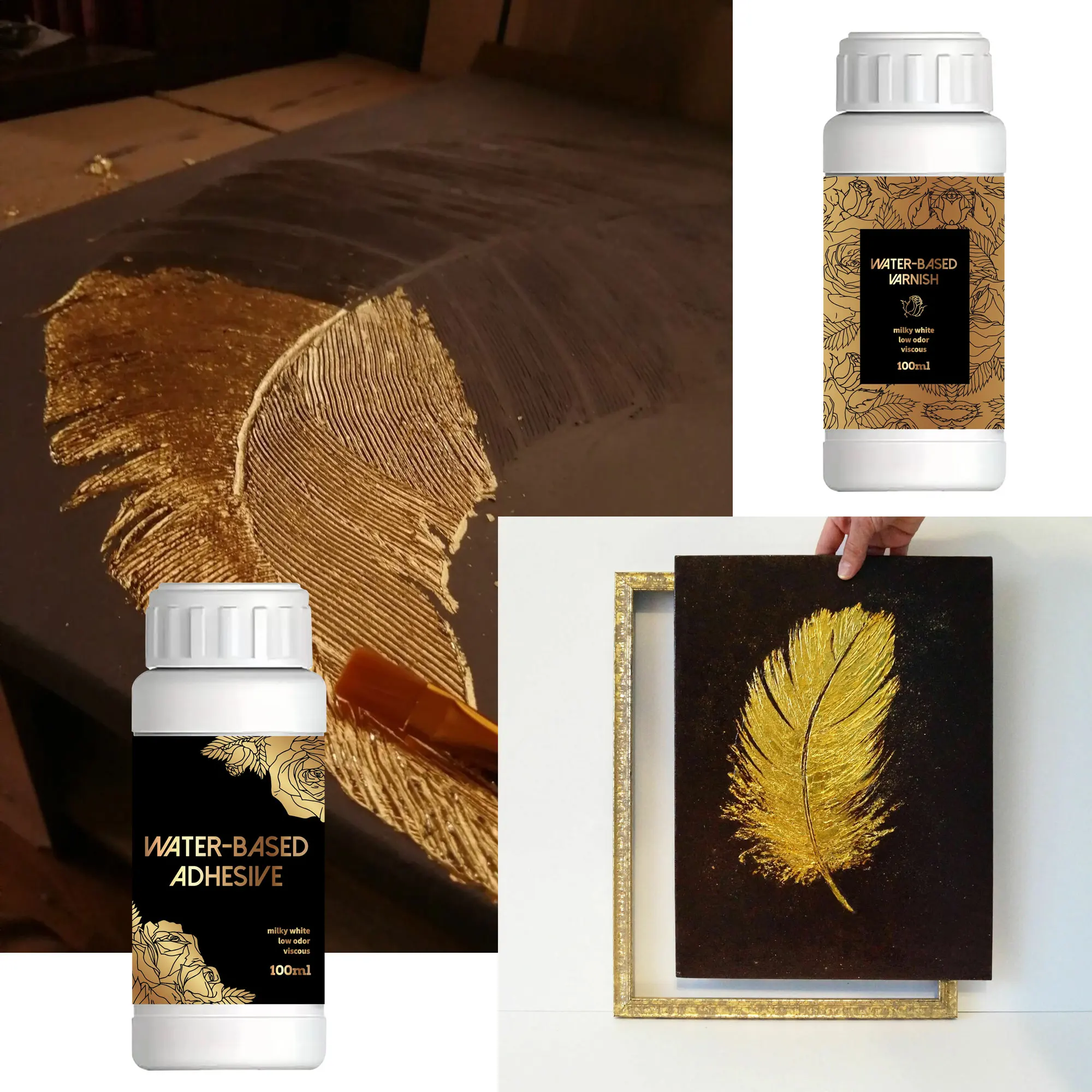 مجموعة لاصقة من الرقائق الذهبية 100 مل/200 مل - غراء معدني قائم على الماء مع فرشاة للحرف اليدوية والرسم والمشروعات الفنية