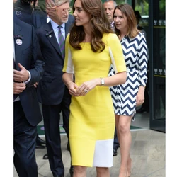 Princess Kate Middleton Dress Elegant Luxury Summer Midi Pencil Dresses Women Square Collar Back Zipper Office Formal Work Wear