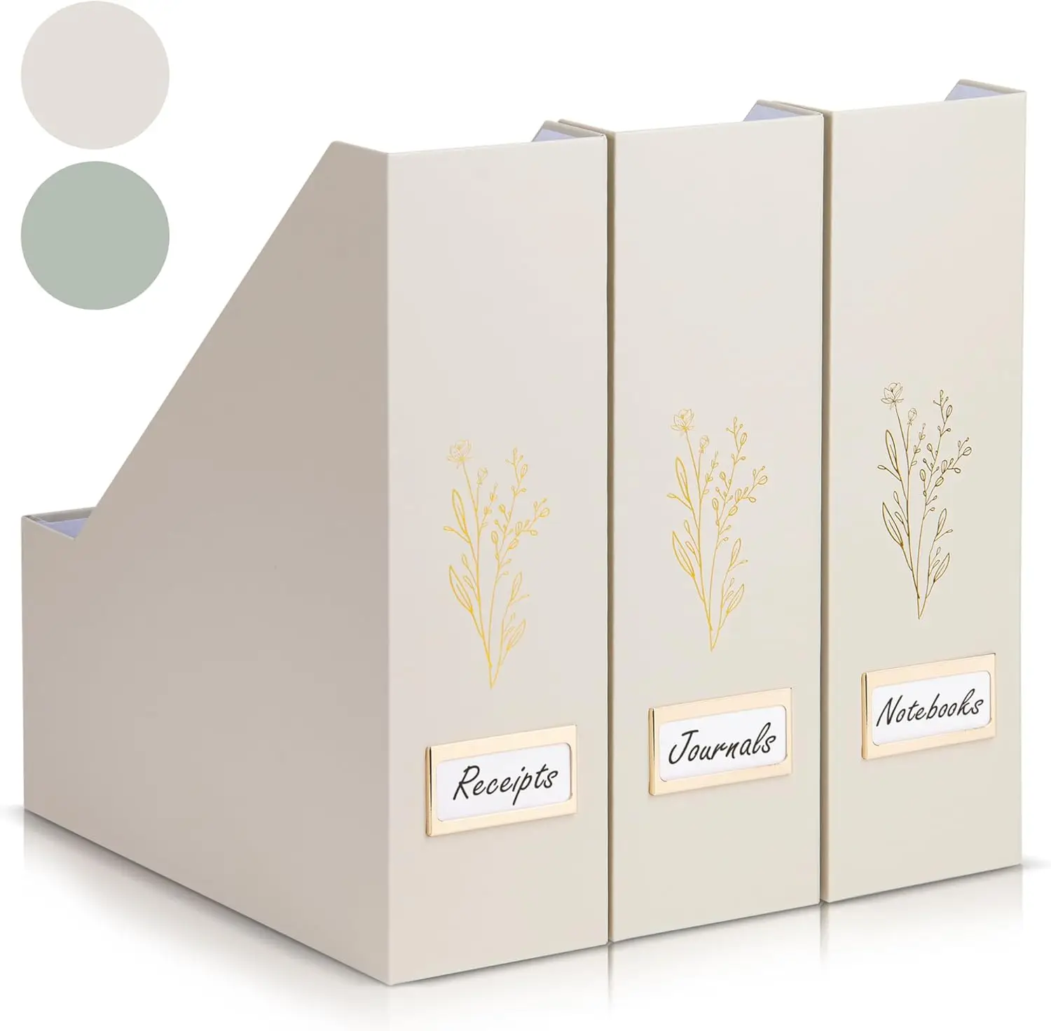 

Magazine Holder Set of 3 - Sturdy File Organizer for Desk or Shelves with Label Cards, Beige with Gold Foil