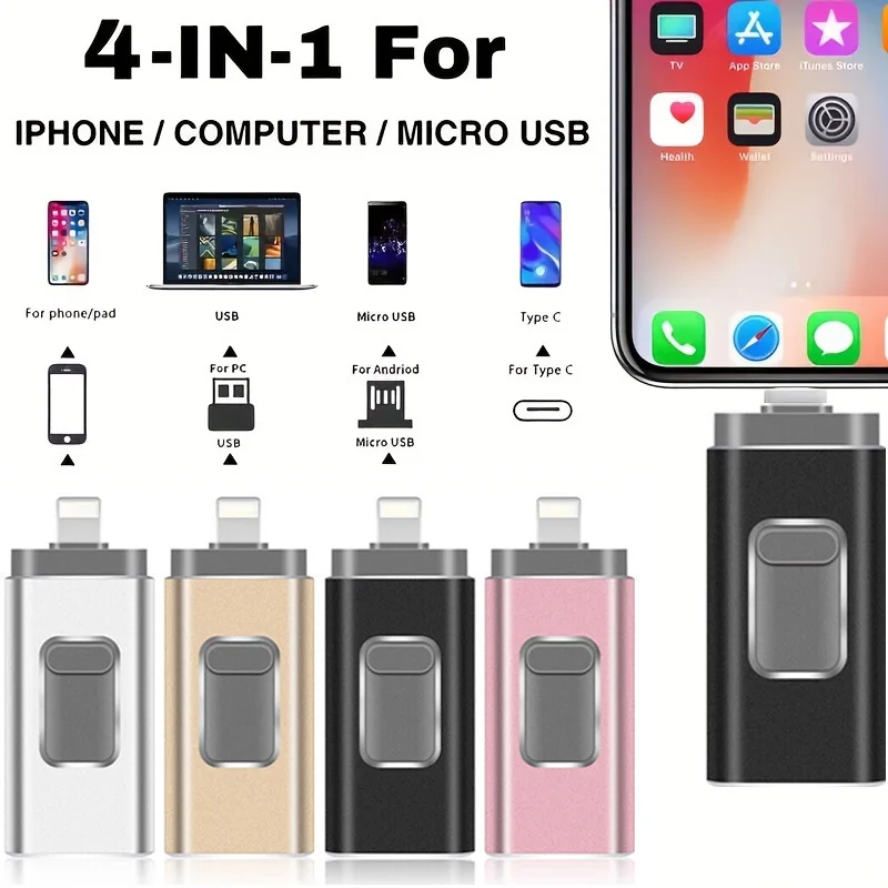 Unidad Flash OTG 4 en 1 para iPhone, Tipo-C, Android y Computadora, Memoria USB 3.0 de Alta Velocidad de 64GB-1TB, Pendrive