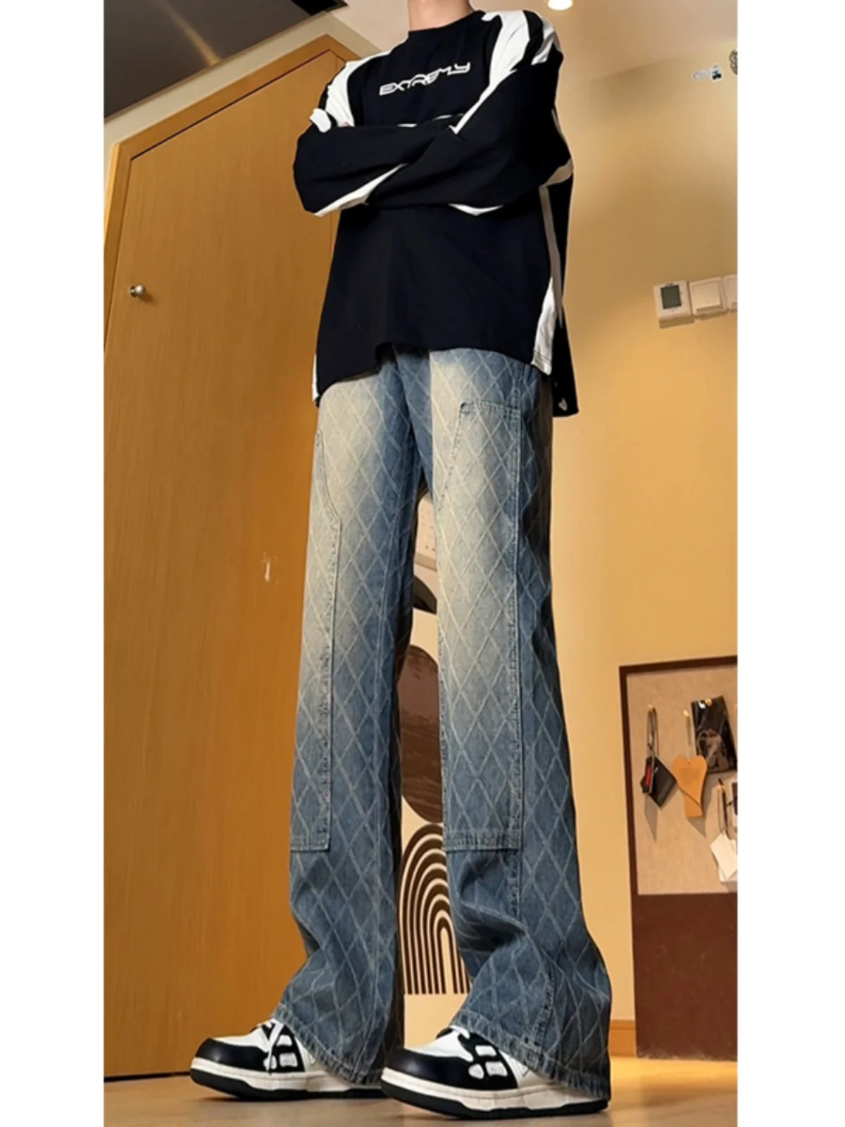 

Retro American Floral Straight Leg Men's Jeans Autumn Winter Design Unique Workwear Pants Cool And Handsome Street Style Boys...