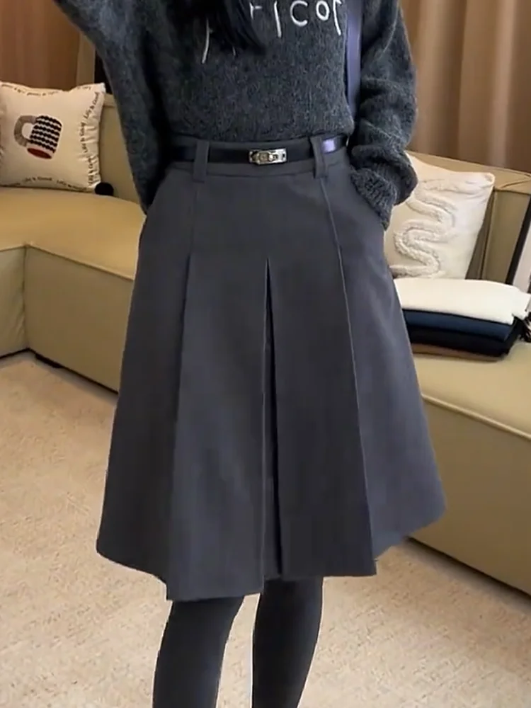 

Темно-серая шерстяная юбка-трапеция с высокой талией для женщин, новая весенняя модель в корейском стиле, омолаживающий эффект