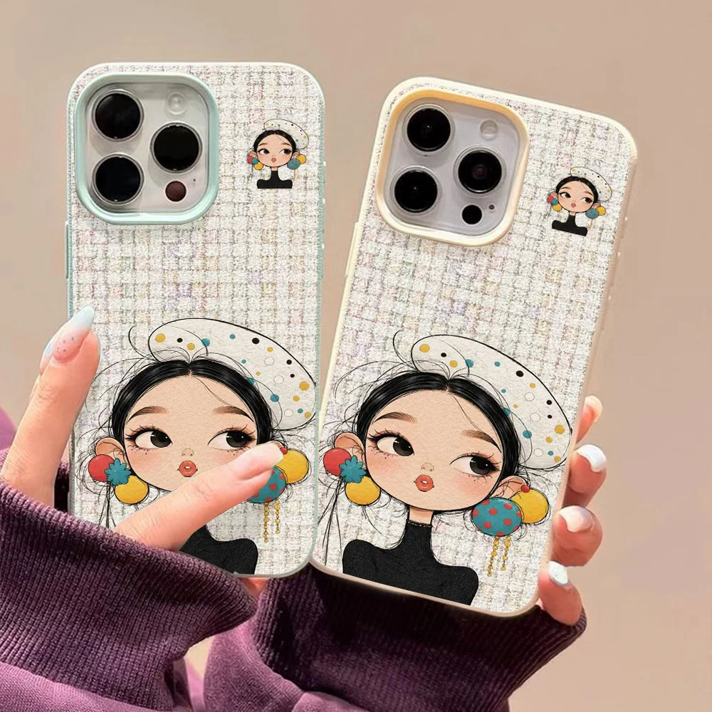 Funda de teléfono con estampado de chica de dibujos animados a cuadros para iPhone 18 17 16 15 14 13 12 11 Pro Max, diseño estético naranja con chica de boina, a prueba de golpes.