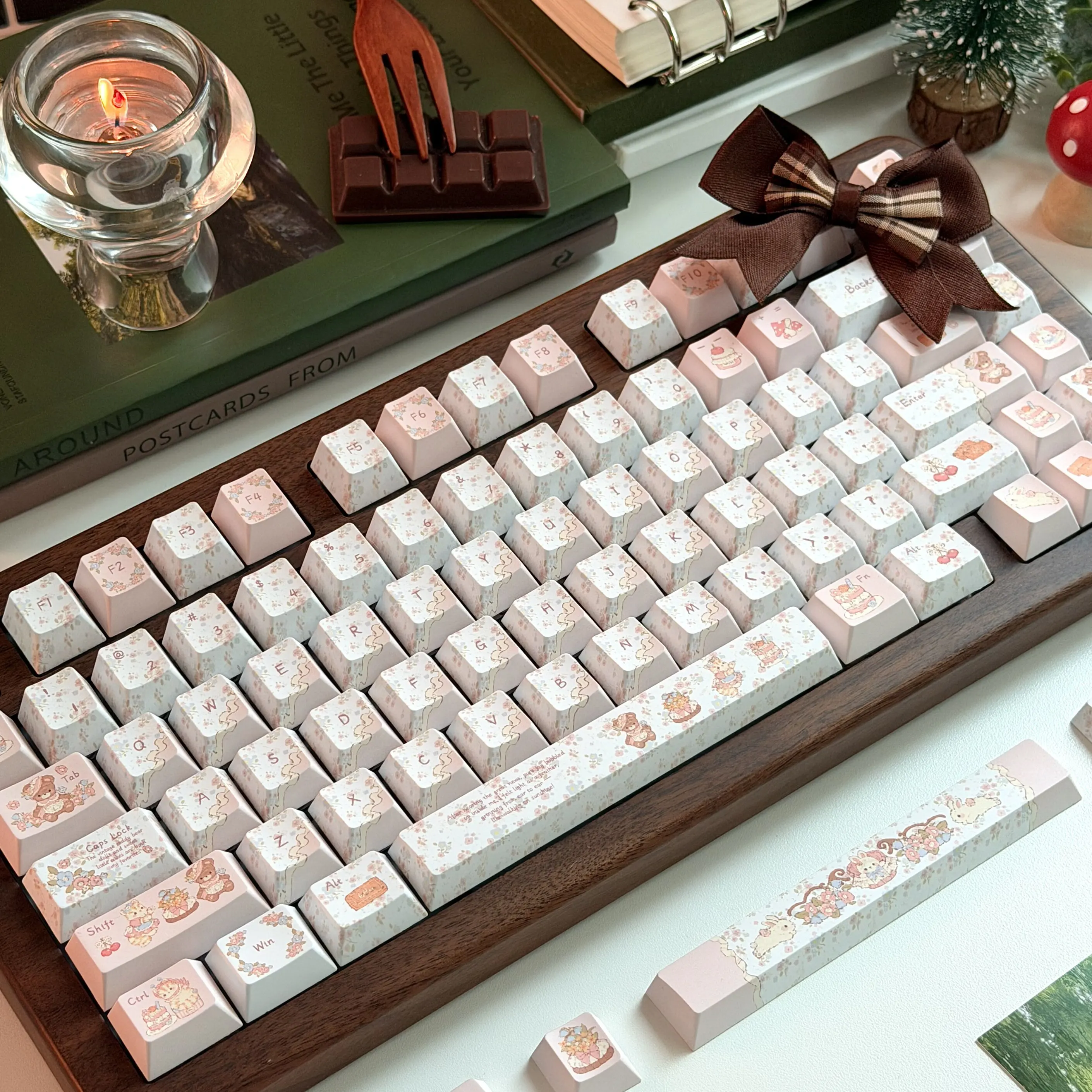 Little Bear Tea Party Keycaps for MX Switch Mechanical Keyboards PBT Double Shot Cherry-Profile Keycap for 80 84 100 104 Layout