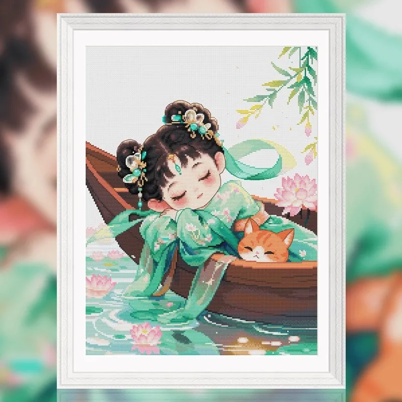 DIY Cross Stitch Kit 11CT 14CT Embroidery Cotton Needlework Set with Needles Ancient Chinese Style Girl And Cat Theme