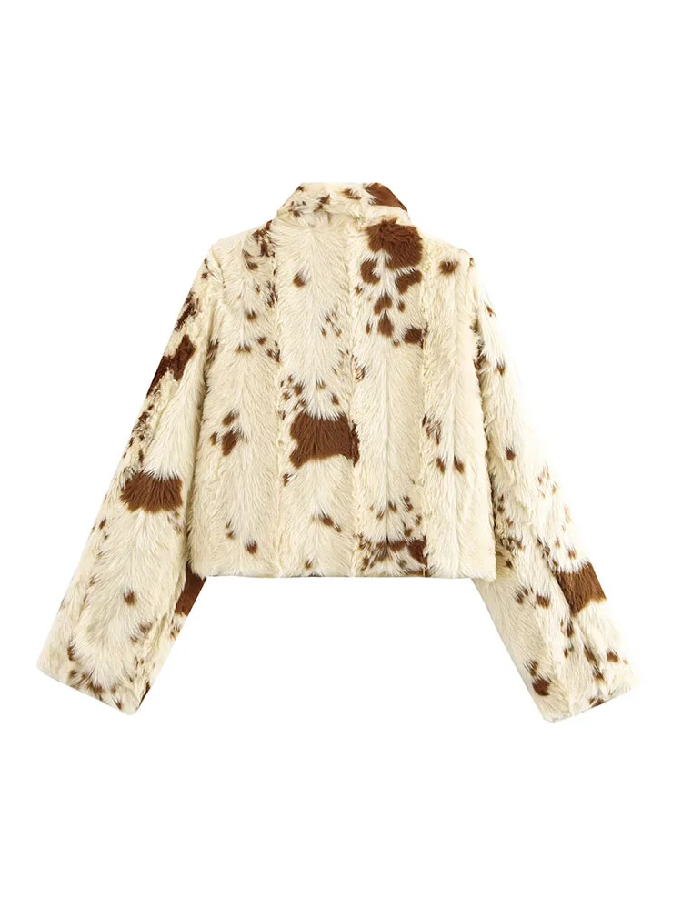 2024 autumn and winter new women's clothing animal print plush buttonless long-sleeved lapel knitted jacket