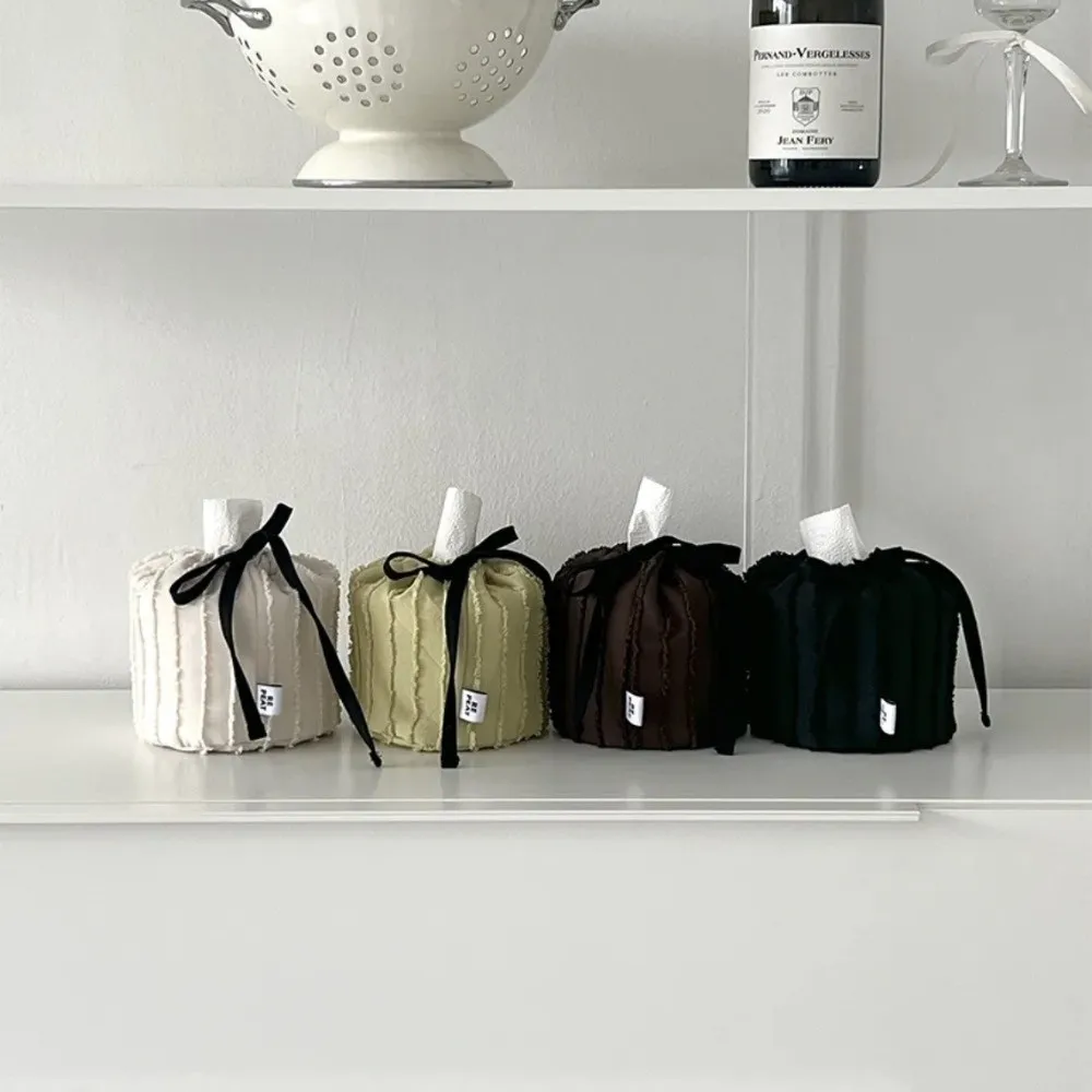 Practical Ribbon Drawstring Tissue Bag Adjustable Solid Color Fabric Tissue Box Practical Paper Towel Holder Home Decoration