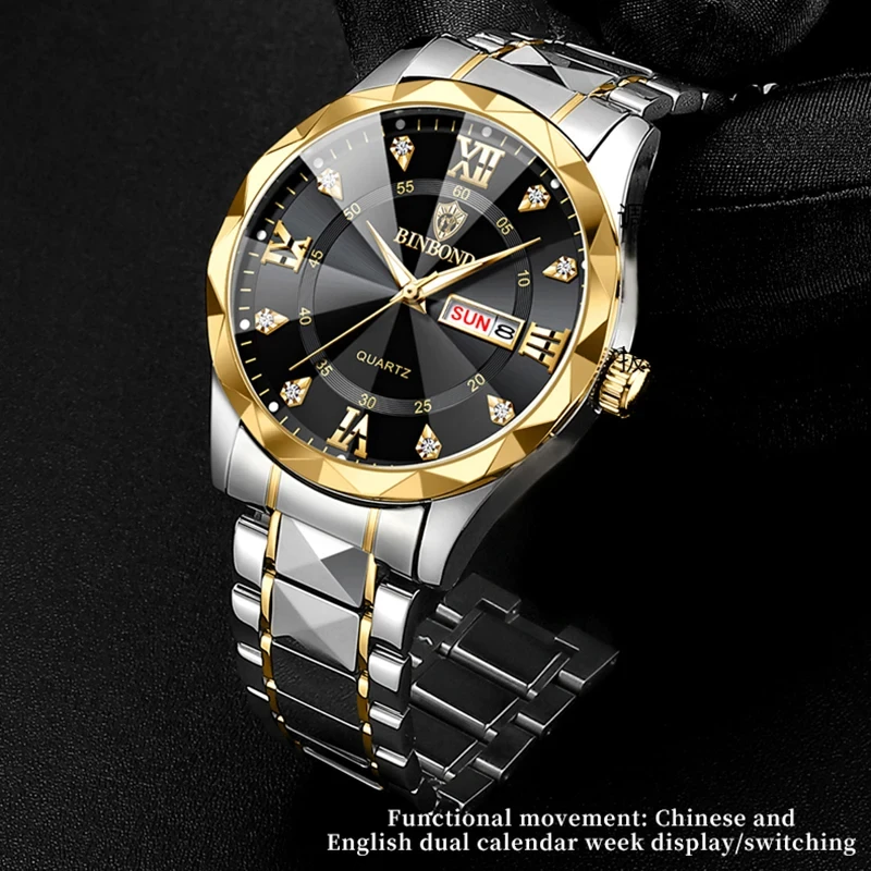 BINBOND Man Wristwatch Top Brand Luxury Waterproof Luminous Date Week Men Watches Stainless Steel Quartz Men\'s Watch Male reloj