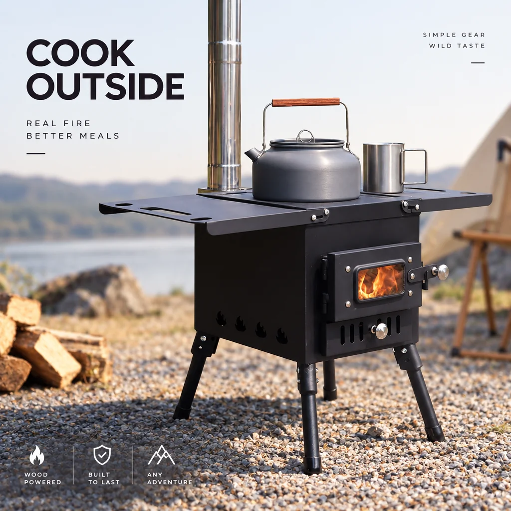 Portable Camping Wood Burning Tent Stove Foldable Multiuse Stove with Side Table Glass Window Outdoor Cooking BBQ Heating
