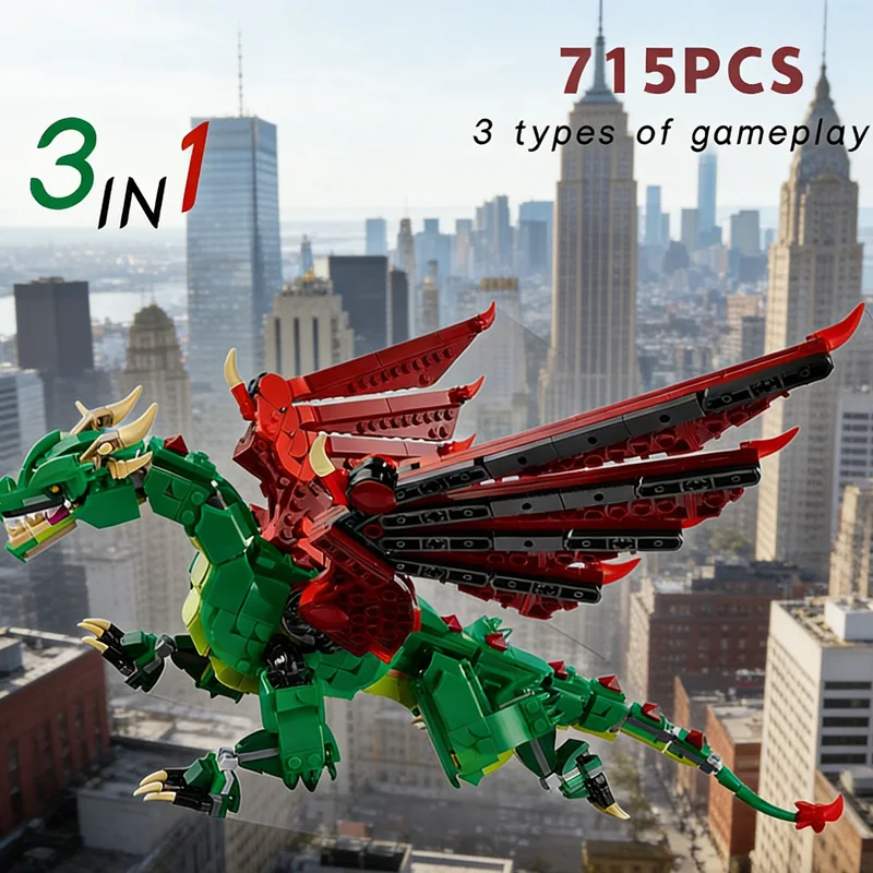 

31161 Новая серия 3N1, средневековый летающий дракон, строительные блоки, собранная игрушечная модель, детский подарок на день рождения, 715 шт.