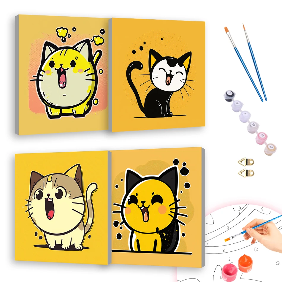 

RUOPOTY Diy Painting By Numbers For Beginner Cute Cartoon Cat Yellow 20x20cm With Frame Color Markers Watercolor Picture Drawing