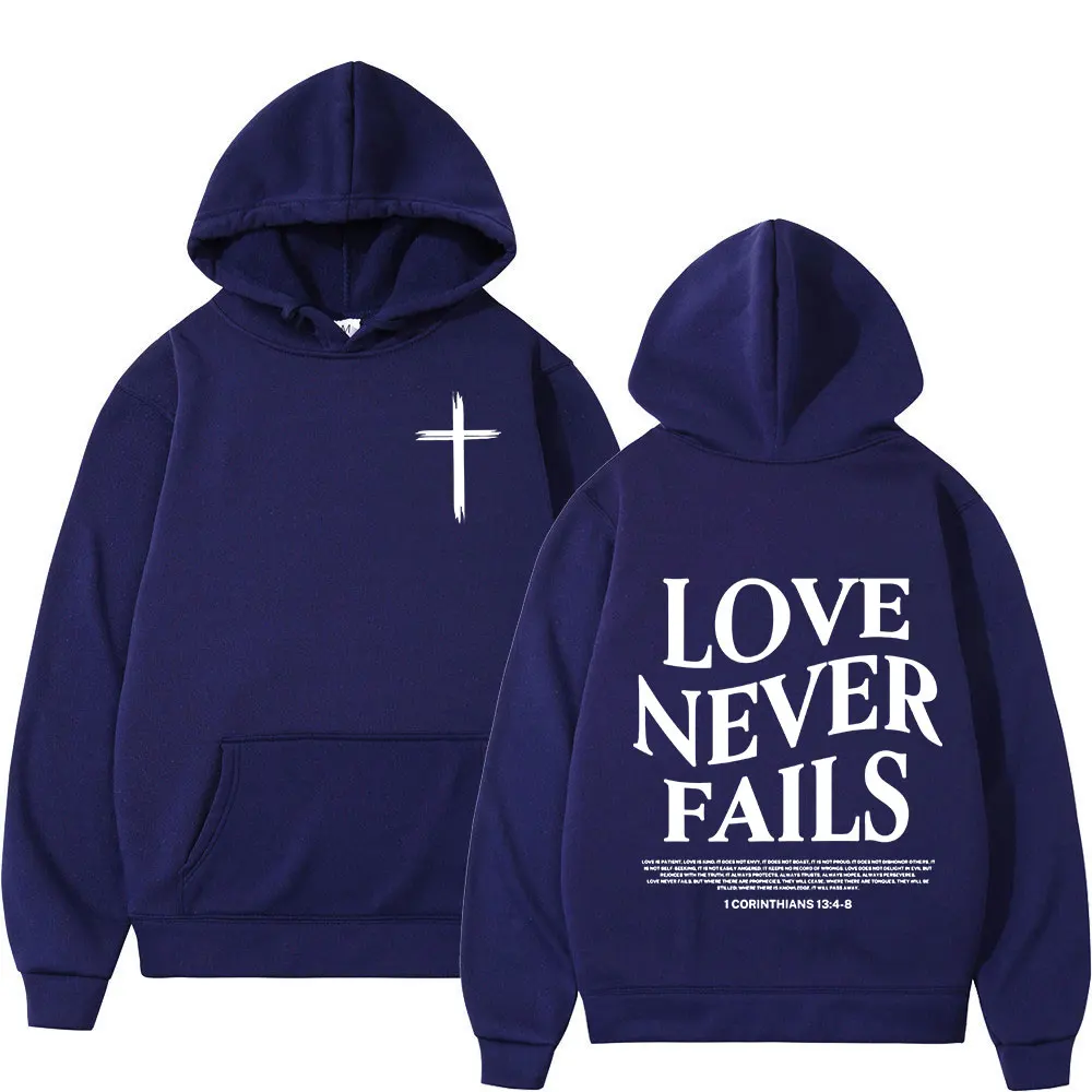 Christian Jesus Love Never Fails Bible Verse Hoodies Men\'s Women Clothing Harajuku Vintage Hooded Sweatshirts Hip Hop Tracksuit