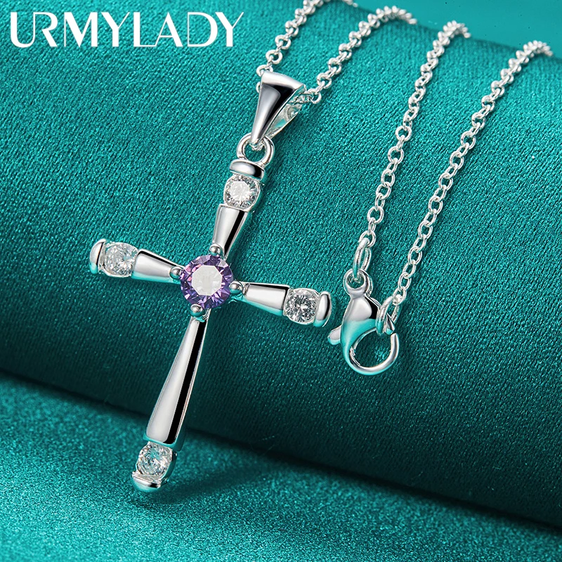 URMYLADY 925 Sterling Silver Cross Zircon 16/18/20/22/24/26/28/30 Inch Pendant Necklace For Women Wedding Party Fashion Jewelry