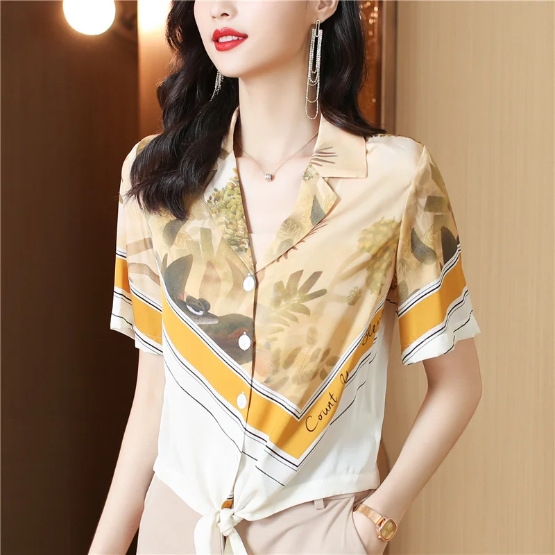 

Spring/Summer Women Shirt Fashion Printed Short Sleeve Top Elegant Satin Silk Bliouse Fashion Office Basic Work Party Shirts