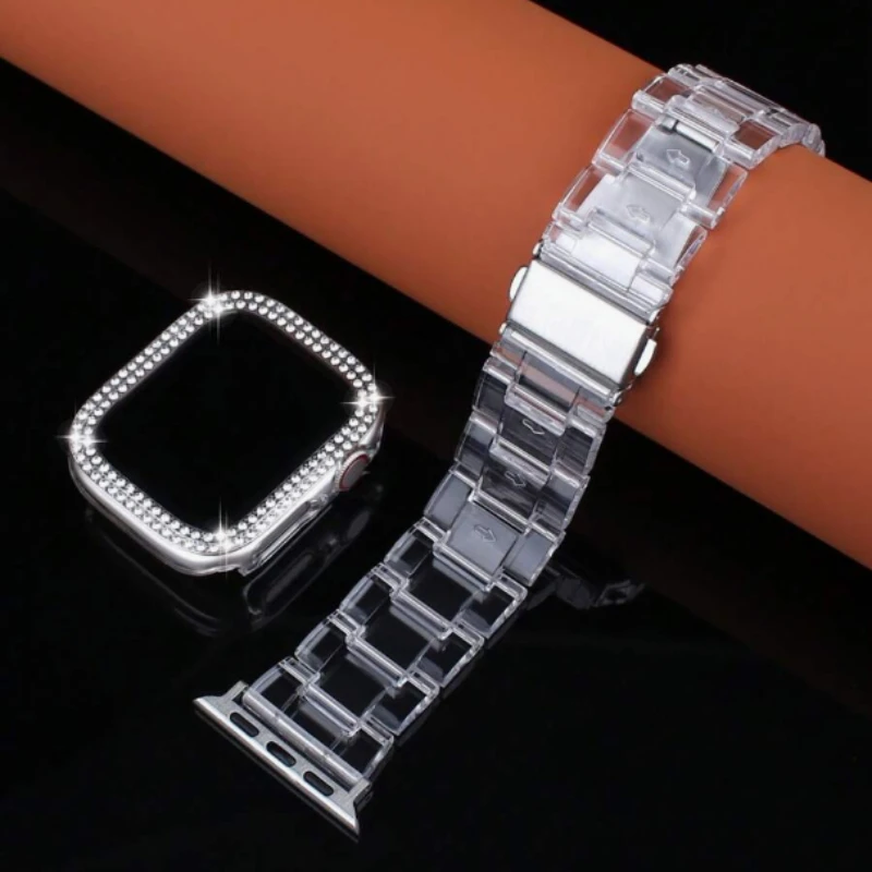 Ausgehöhltes Diamantgehäuse + Armband für Apple Watch Band 40 mm 41 mm 44 mm 45 mm Transparentes Armband iWatch Serie 9 8 7 se 6 5 4