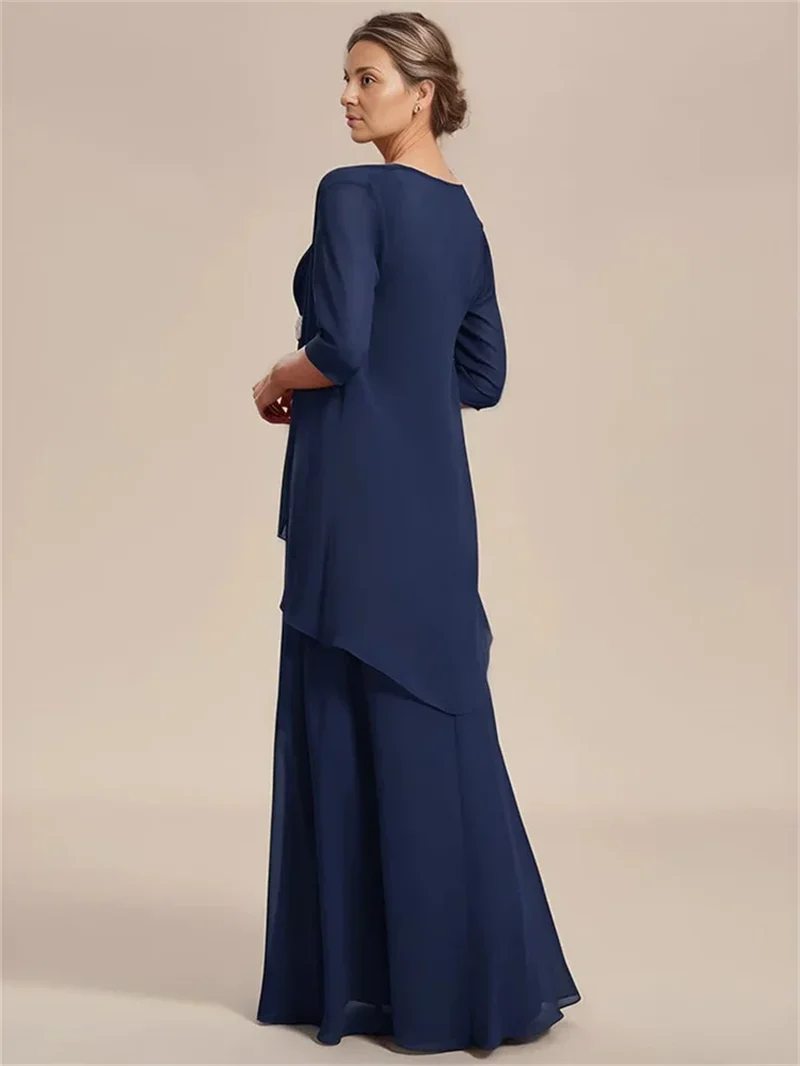 Elegant Dark Blue Square Neckline A-Line Chiffon Mother Of The Bride Dress Elegant Open Back Zipper Party Gown For Women