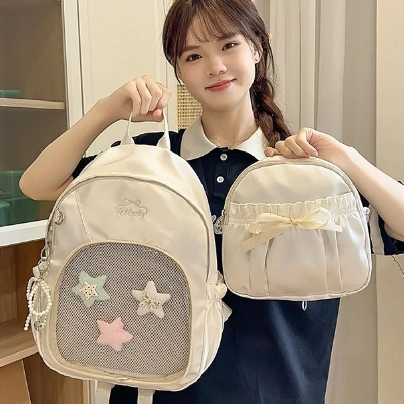 

Detachable Ita Schoolmochila University Student Transparent Bag Cute Large Capacity Backpack Ruched Bow Sac Femme Bags Woman