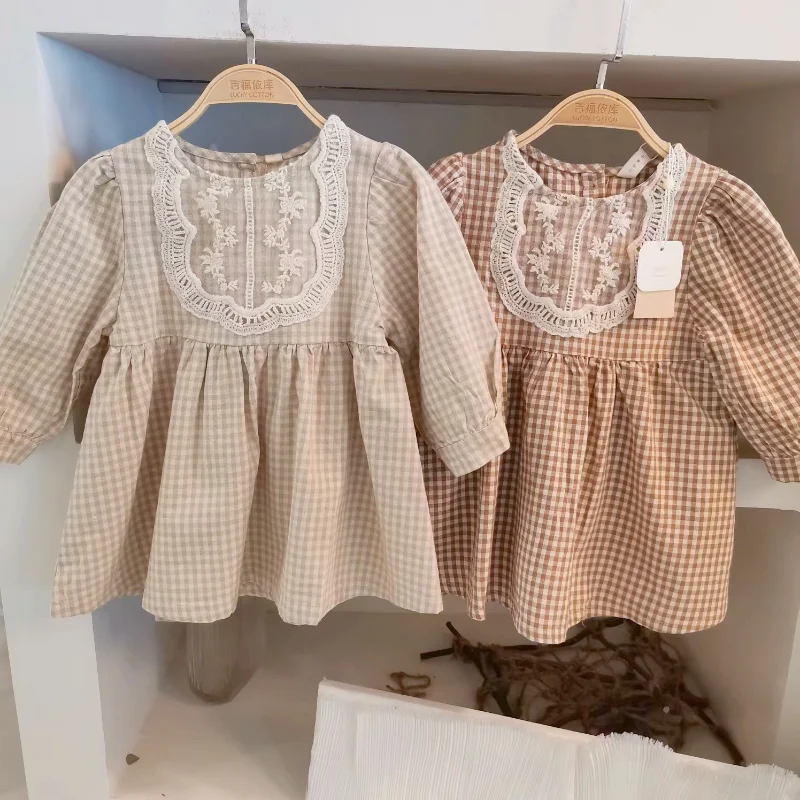 

Spring Autumn Children's Clothing Girls Dresses Lace Patchwork Plaid Princess Dress Kids Baby Girls Dress