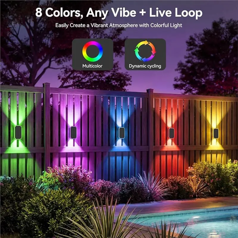 A76I-Outdoor RGB Solar Fence Lights 6PCS Waterproof With Bi-Directional Uplight& Downlight Solar Powered Wall Lighting System