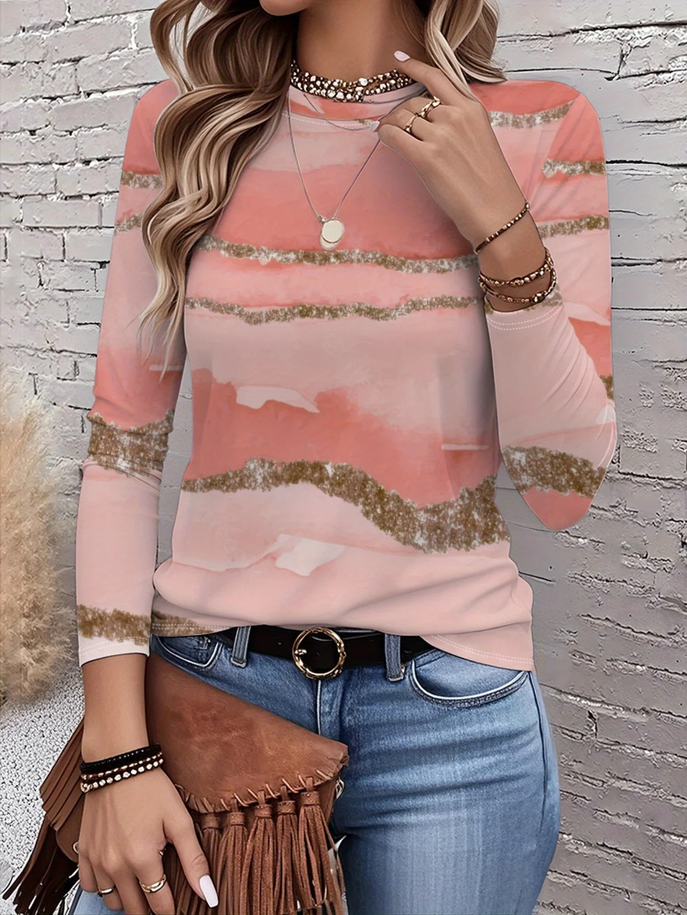 Women's Autumn Long-Sleeve T-Shirt, Marble Print, Street Style Casual Crew Neck Pullover, Loose Fit Outdoor T-Shirt