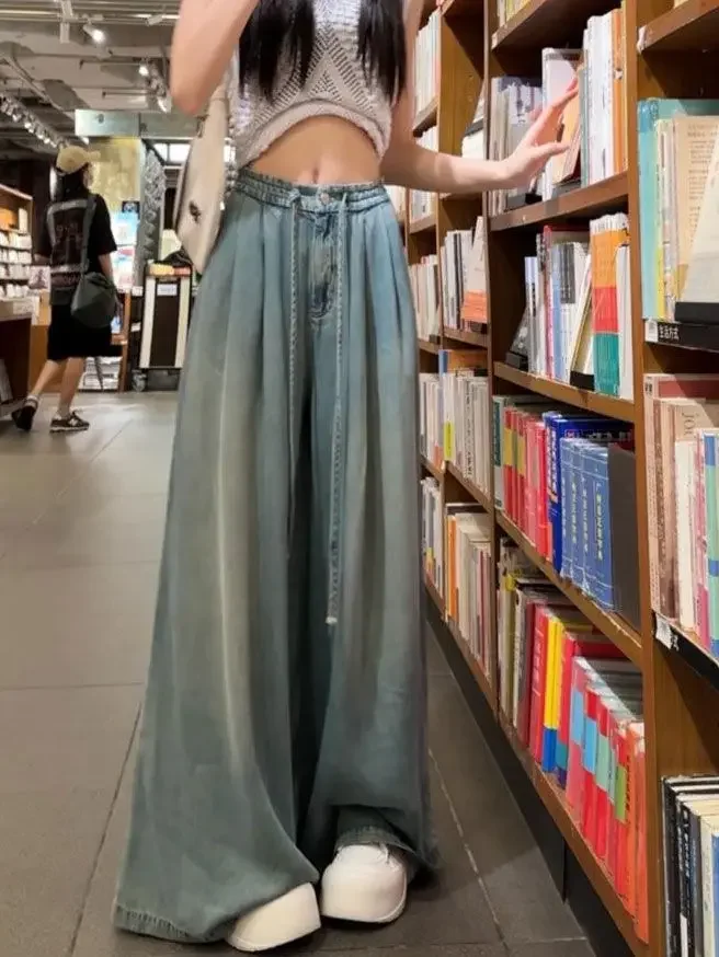 Verão novo drape pernas largas elástico e versátil ins na moda versátil calças namorado jeans para mulheres calças femininas