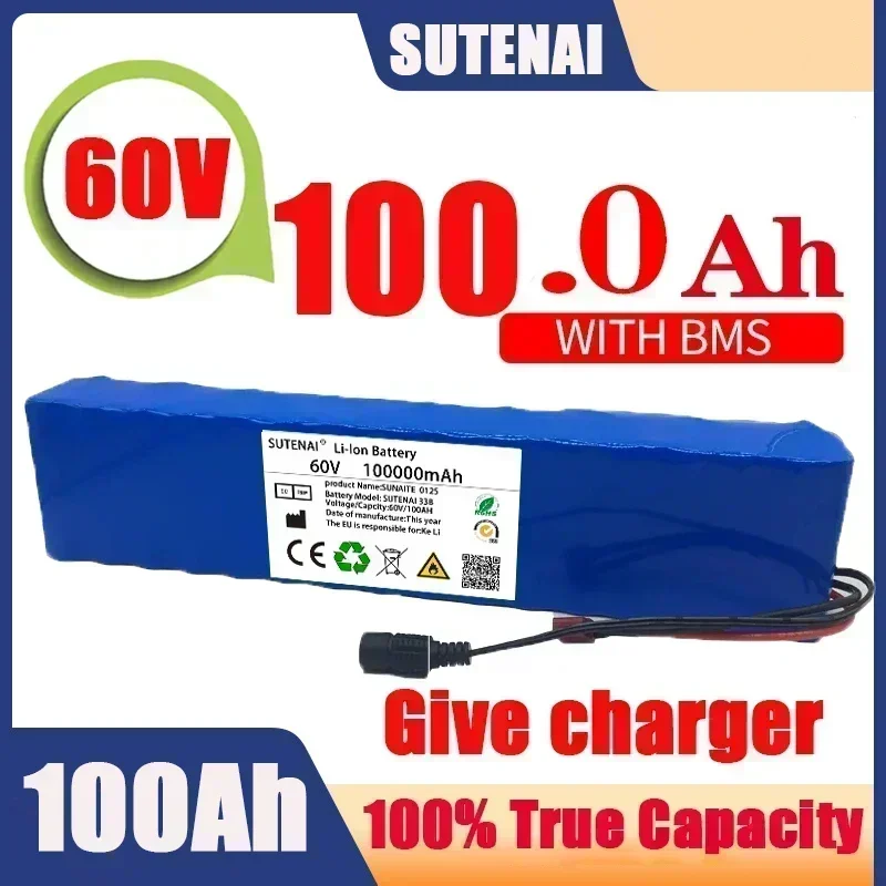 ใหม่ จักรยานไฟฟ้า 60V 100000 mAH100Ah 16S2P 18650 แบตเตอรี่ลิเธียมไอออน E-Bike สกู๊ตเตอร์ BMS + 67.2V Charger