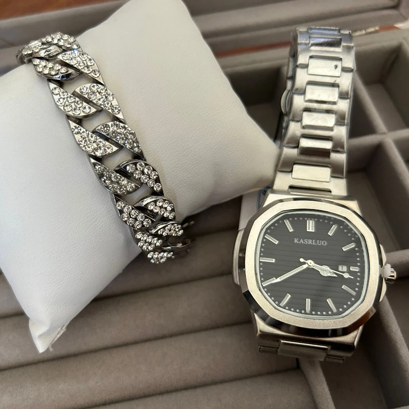 남성용 시계 간단한 야간 조명 달력 포함 쿼츠 남성용 시계+팔찌