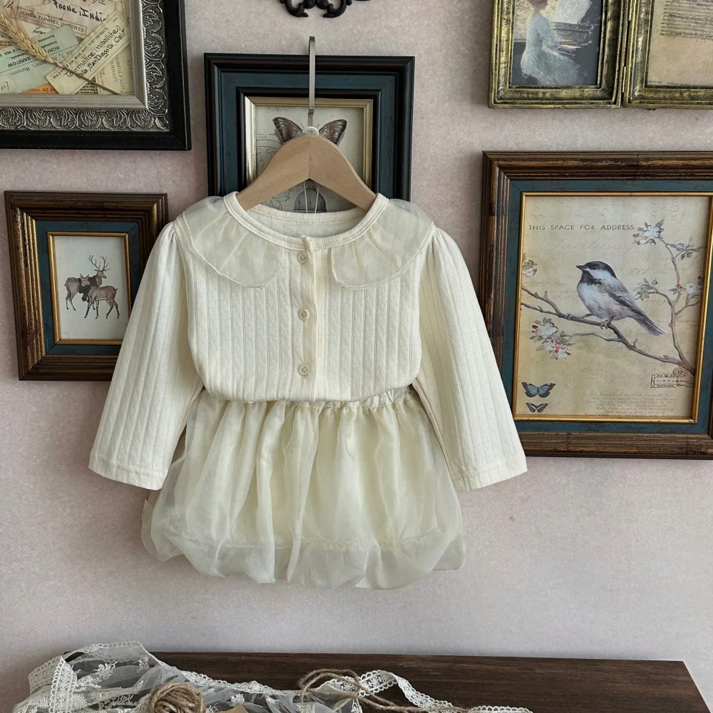 2026 Autumn New Baby Girl Long Sleeve Clothes Set Girls Lapel Ribbed Cardigan + Sweet Mesh Shorts 2pcs Suit Toddler Outfits