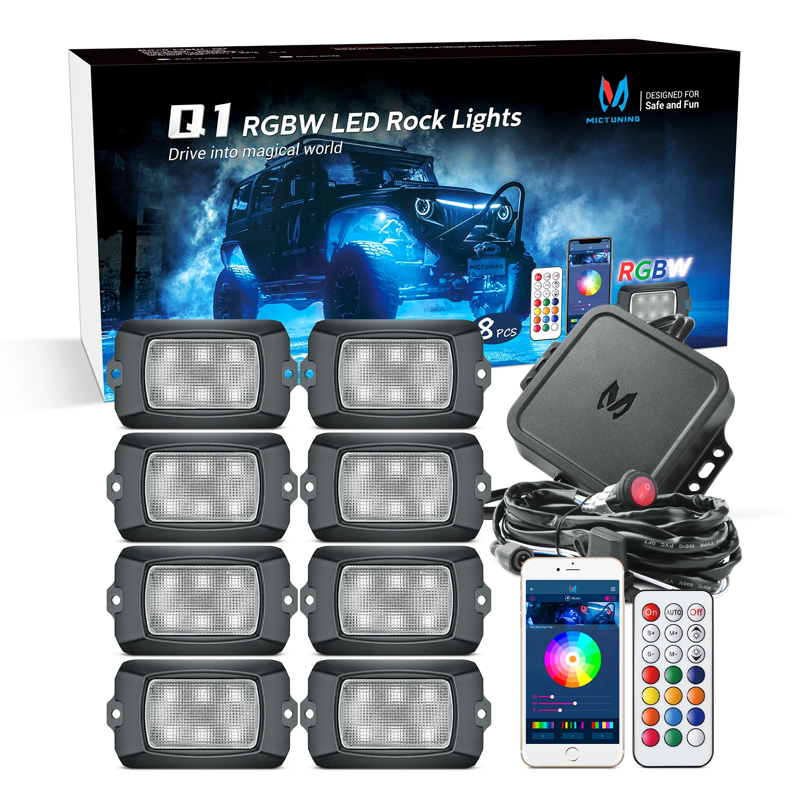 

MICTUNING 8 Pods Q1 RGBW LED Rock Lights With Bluetooth APP & Remote Control Underglow Multicolor Neon Light Kit Music Mode