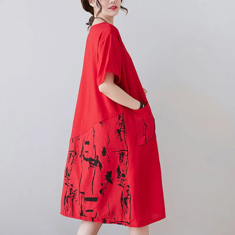 Dresses Casual Loose Round Neck Printing Pullovers Simplicity Knee Skirts Pockets Short Sleeve Summer Thin Women's Clothing 2023