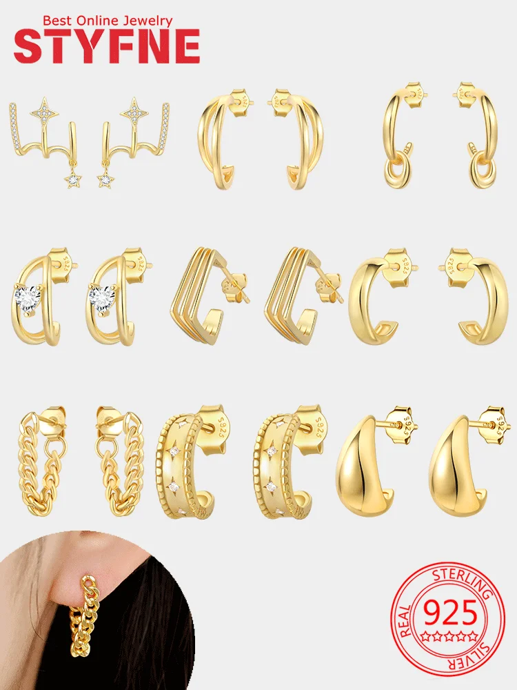 

New 925 Silver Women's Gold Earrings Simple Lines Basic Geometric Element Love Set Stone Exquisite Women's Jewelry Earring