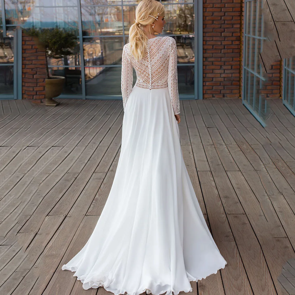 Böhmische V-Ausschnitt lange Ärmel Brautkleid 2024 Spitze appliziert Chiffon Brautkleider für Frauen Robe de Mariée Vestidos de Novia