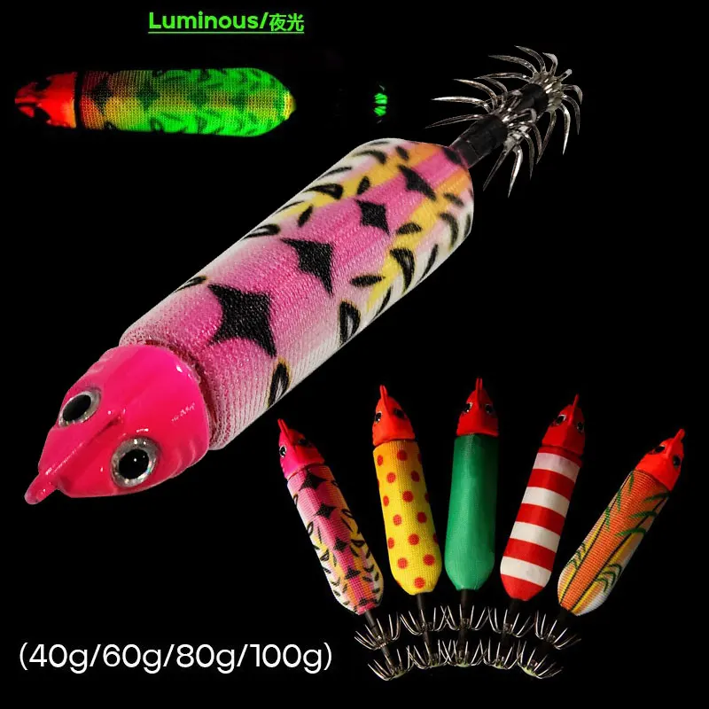 AS 40g60g80g100g Hard Bait Glow Shrimp Hook Crowns Squid Jigs Sea Fishing Lure Set Artificial Cuttlefish Octopus