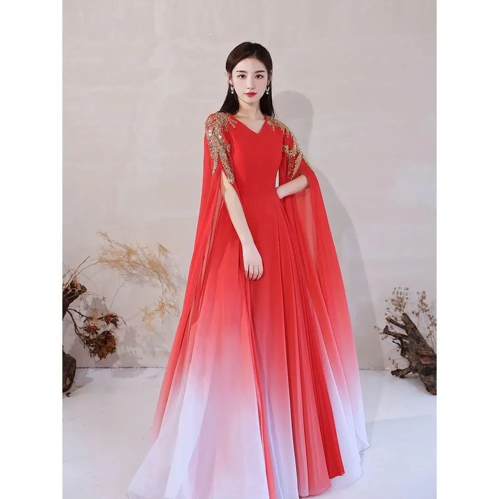 Costume Chorus Clothing Female Chinese Red Long Stage Performance Temperament Slim-Fit Banquet Catwalk Host Formal Dress