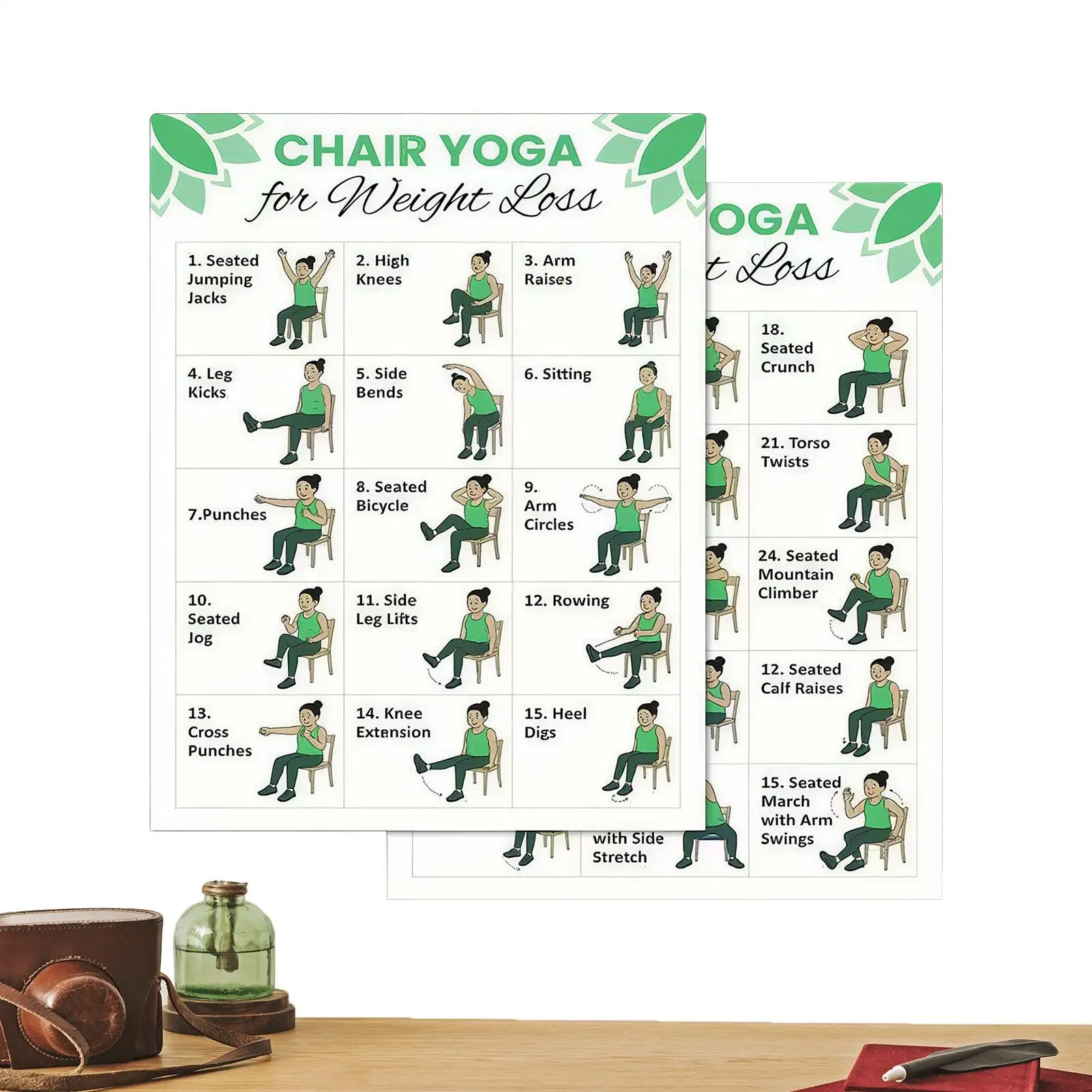 Chair Yoga Chart 30-Day Workout Charts 2 Pieces Chair Yoga Trainer Guide for Senior Beginner Mobility Balance Flexibility