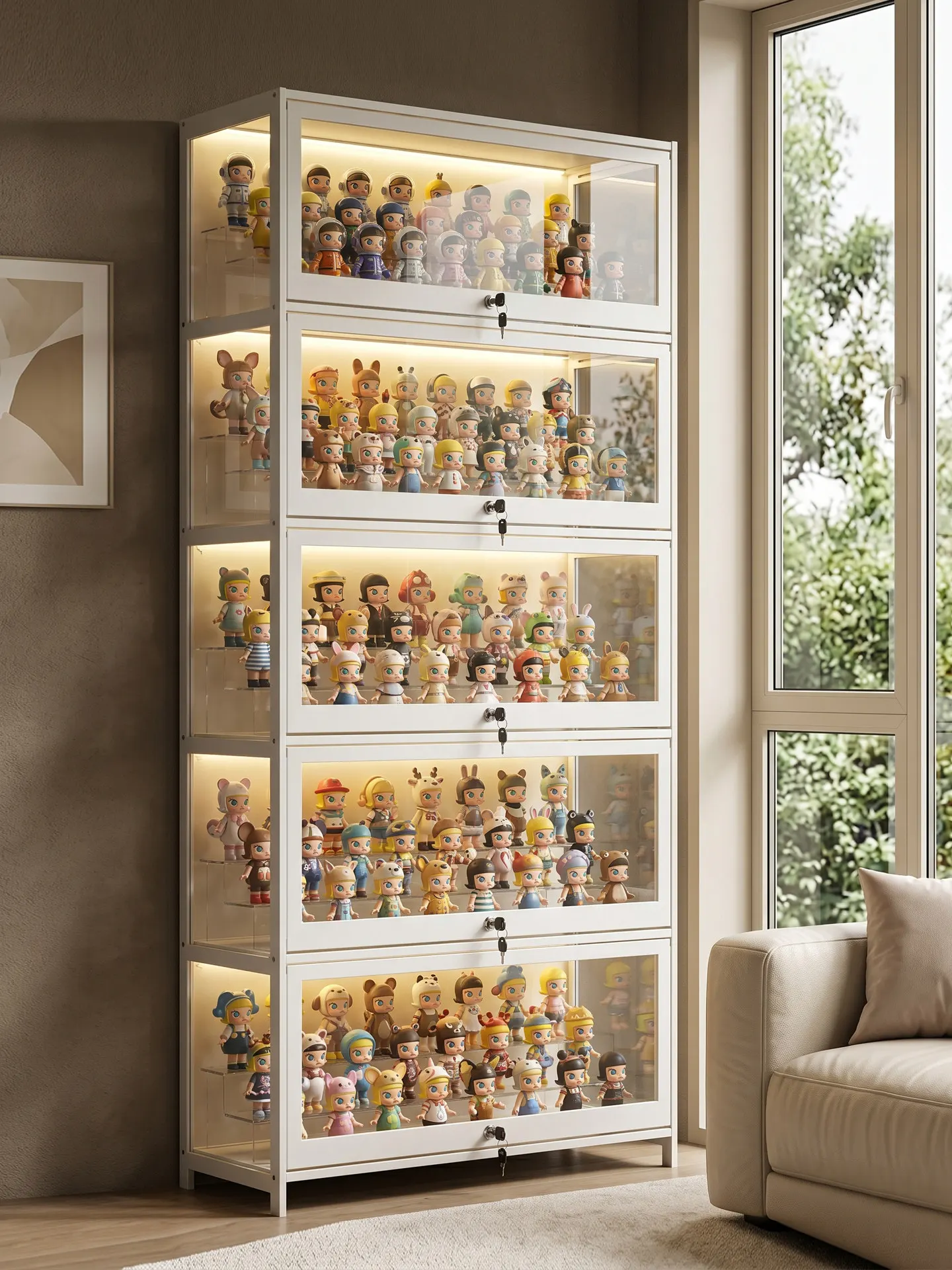 Lighted Display Cabinet with Lock, Transparent Door Storage Case for Lego Models, Blind Boxes & Collectibles