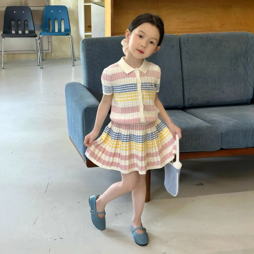 Girls Suit 2025 Summer New Childrens Clothing Korean Style Girl Baby Stripe Tie-in Color Cardigan Skirt Two Sets of Casual Daily