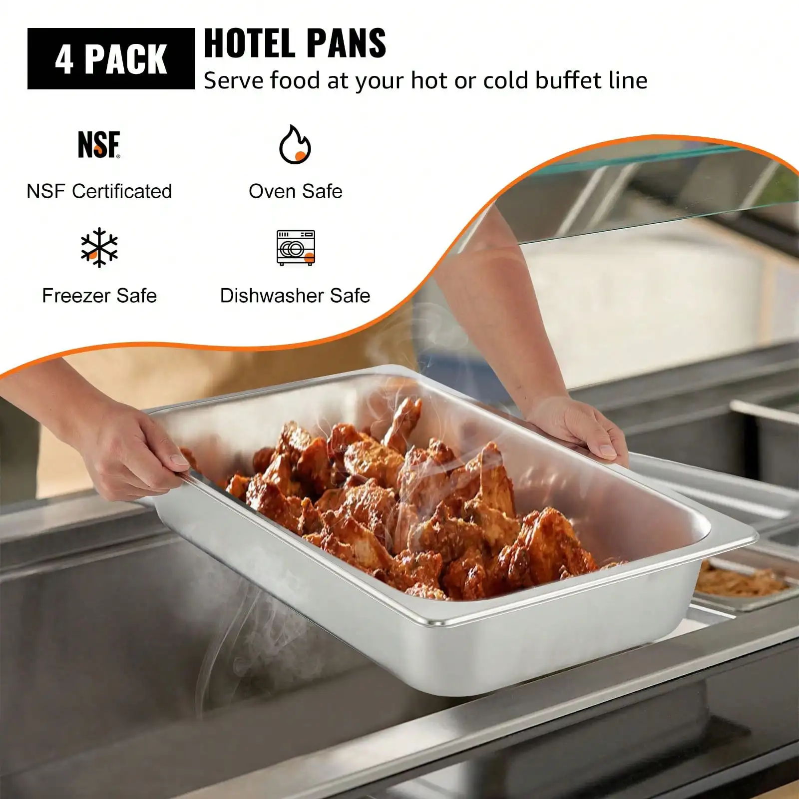 Hotel Pans, 1/6 To Full Size Anti-Jam Steam Pan, 0.8mm Thick Stainless Steel Oven Tray Hotel Pans, Restaurant Steam Table Pan, 2.5-6-Inch Deep Commercial Table Pan, Catering Storage Food Pan, For Industrial & Scientific
