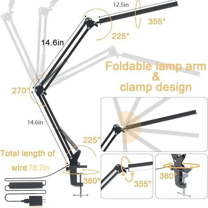 Lighting Unit, LED Eye Friendly Clip Lamp, Foldable Long Arm, USB Powered Portable Desktop Reading Light