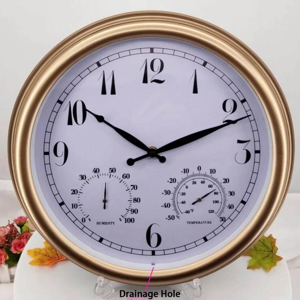 15 Inch Wall Clock Battery Powered Silent Non Ticking with Temperature Humidity Meter for Indoor Outdoor Spaces