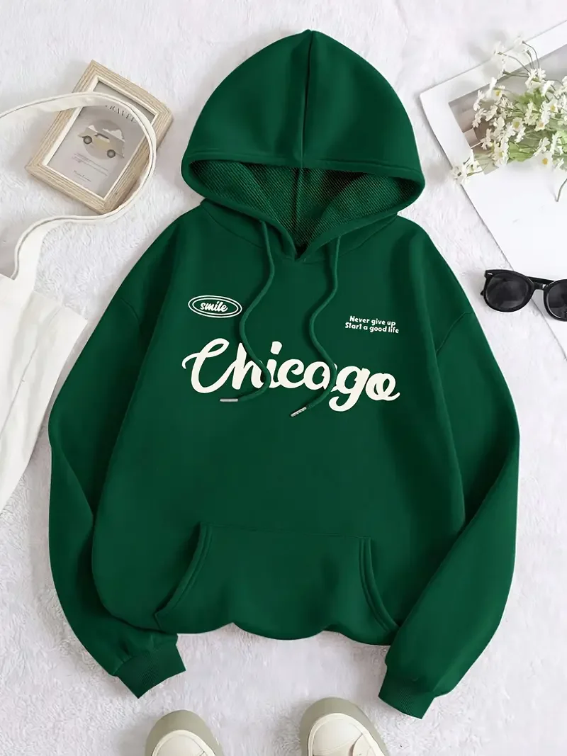 Women's Casual Fashion Plus Size Sport Hoodie, Loose Fit Pullover With "Chicogo" Print, Long Sleeve, Comfortable Fabric, Streetw