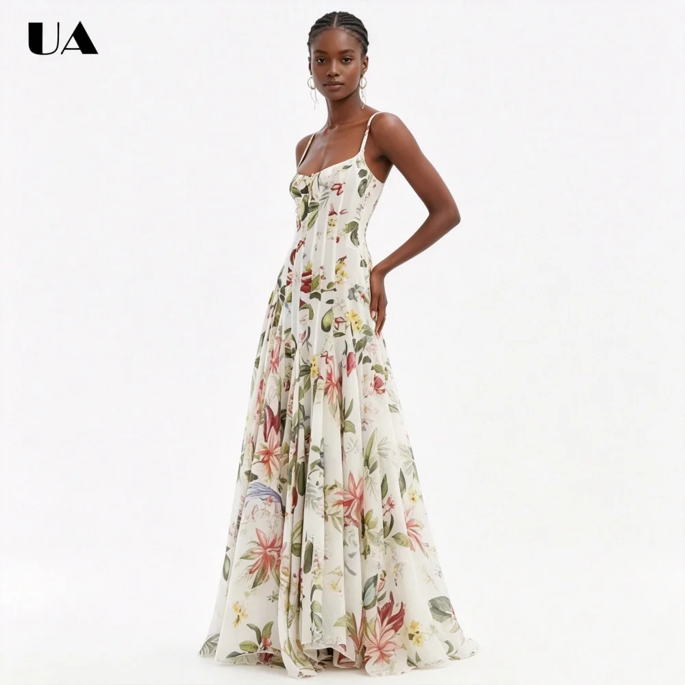 ULBYANRY French Flower Printed A-line Maxi Dress, Fashionable Sleeveless Prom Dresses for Women, Trendy U-neck Long Dress