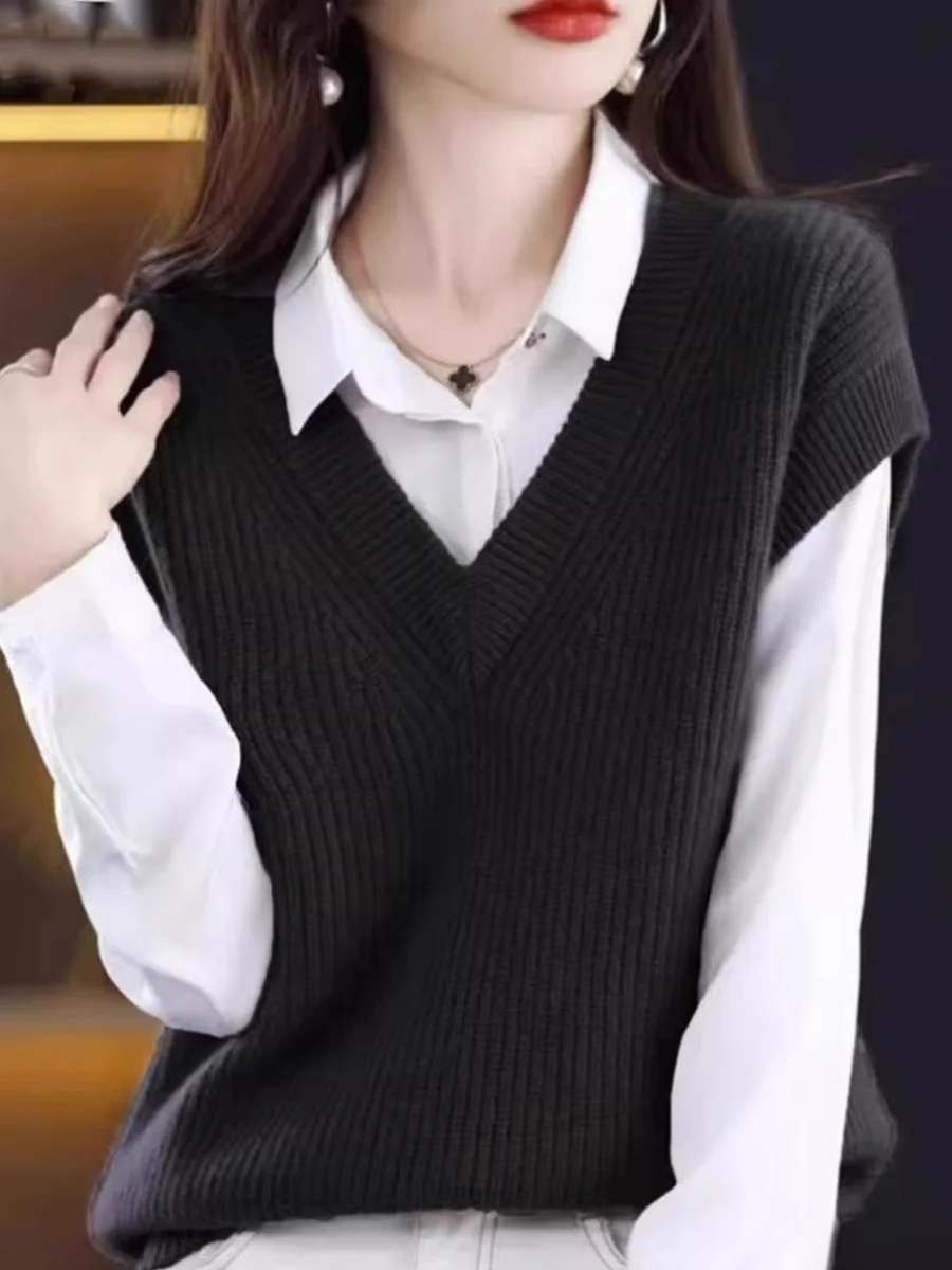 Ladies Thiened Large Size Woolen Vest Autumn New Sle V-Ne Svel Camere Cardigan Loose Korean Version Top