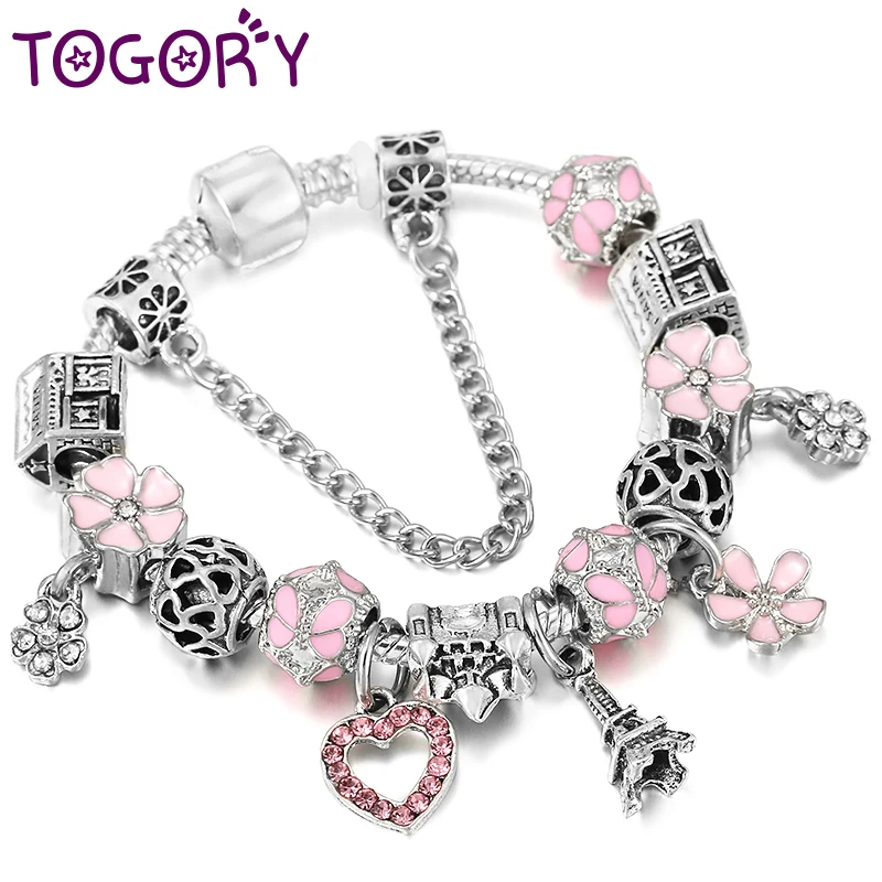 Silver Color Luxurious Charm Bracelet With Tower Heart Flower Pendant Bracelets For Women Valentine\'s Day Jewelry Dropshipping