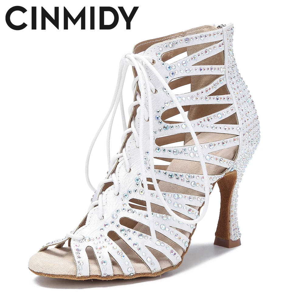 CINMIDY New Dance Boots Women Hollow Out Rhinestone Latin Dance Shoes Ballroom Standard Dance Shoes Party Shoes Indoor  Sandal